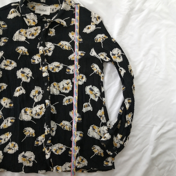 Ba&Sh Una Plisse Pleated Floral Button Up Black w Cream Yellow Flowers XS - Picture 11 of 16